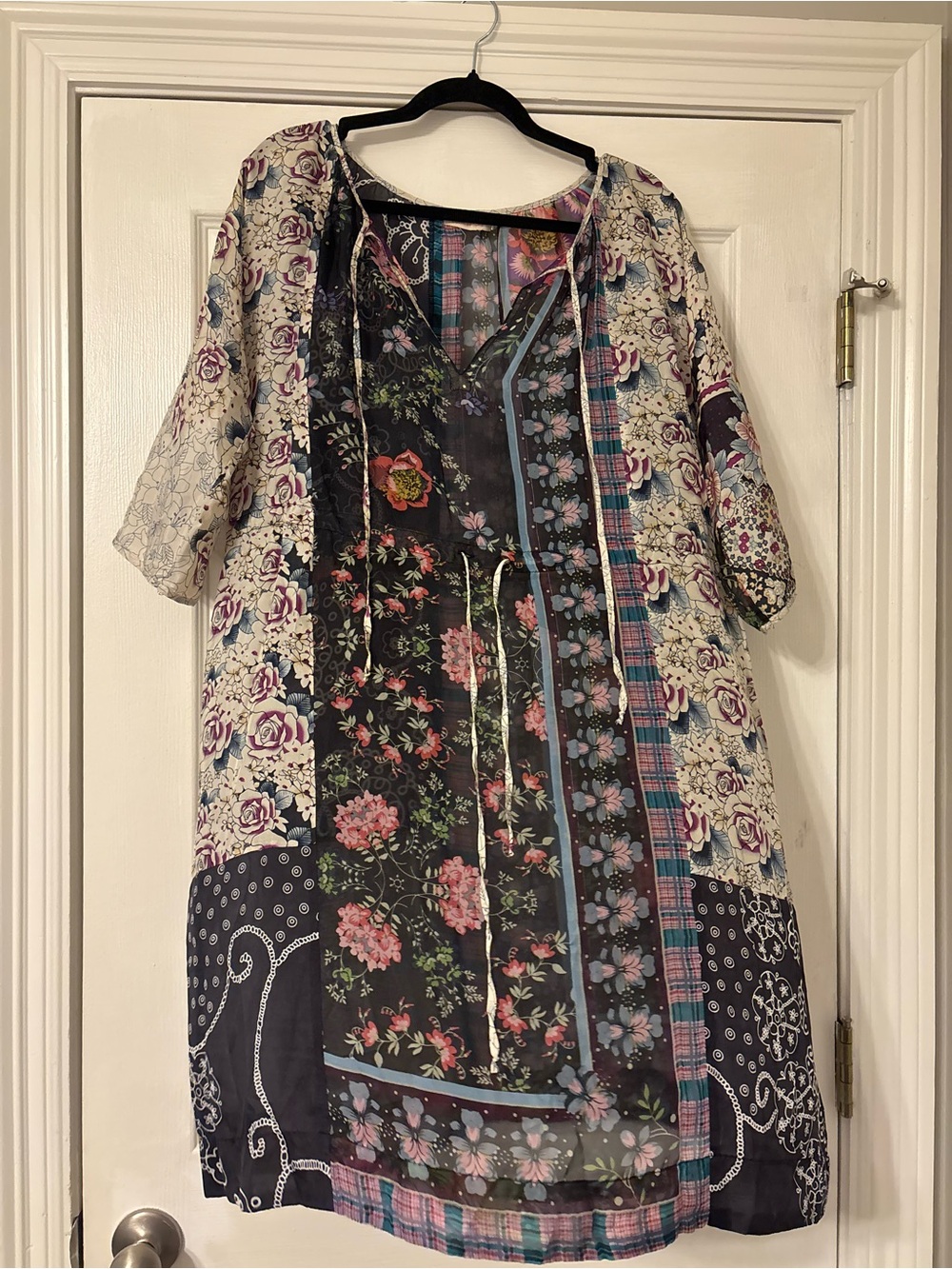 Johnny Was Multicolor Patchwork Sheer Floral Tunic 100% silk Size M
